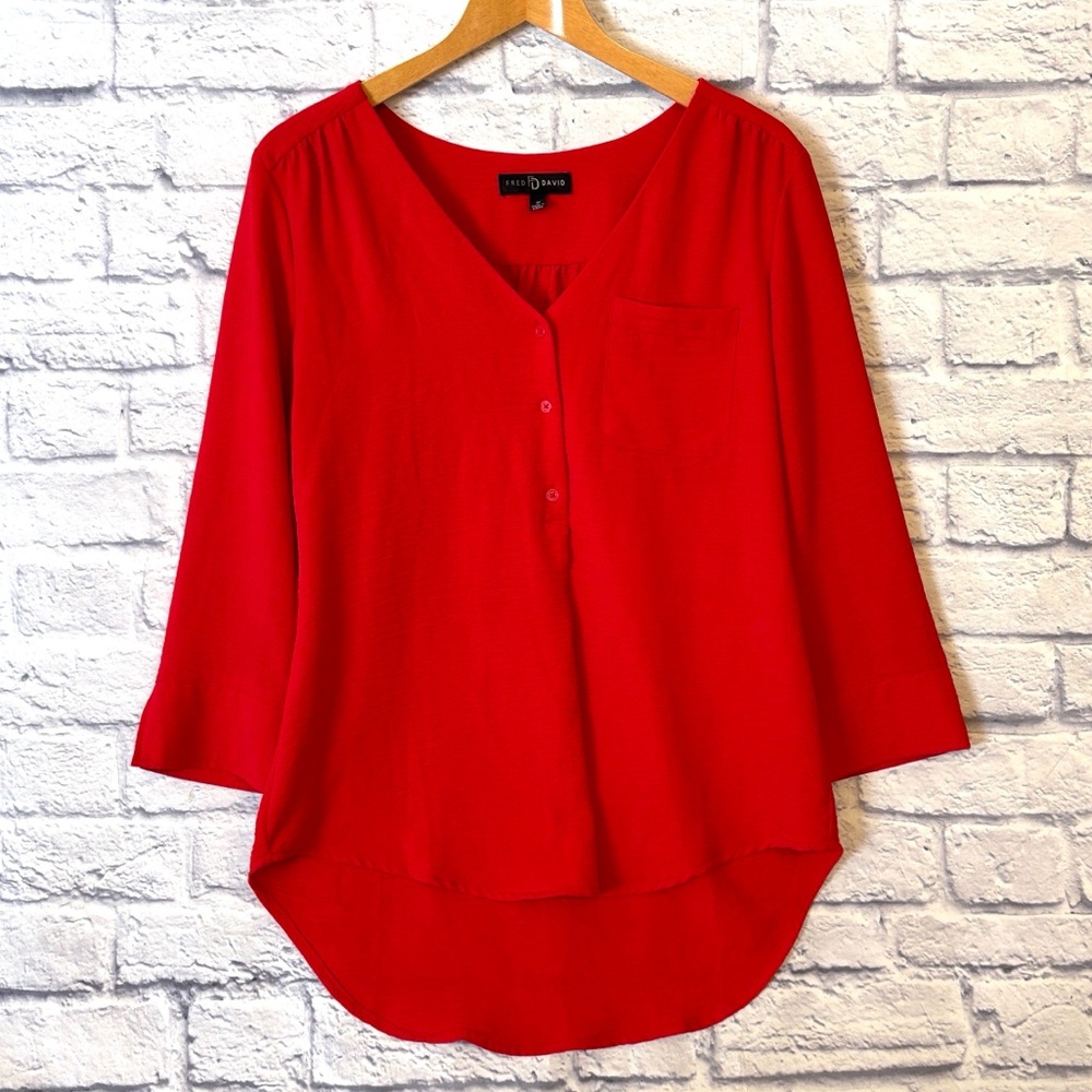 Fred David Red V Neck High Low Blouse 3/4 Sleeve Top Size Medium